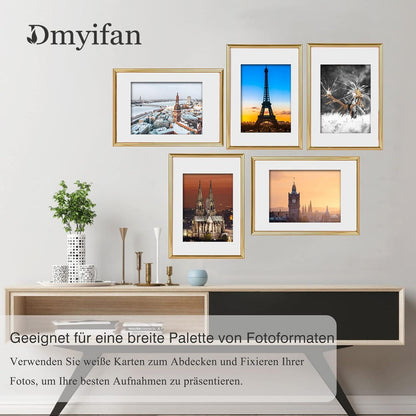 Gold Bilderrahmen Set 5er DIN 7 Inches Plexiglas Haken Wohnzimmer Portraitrahmen