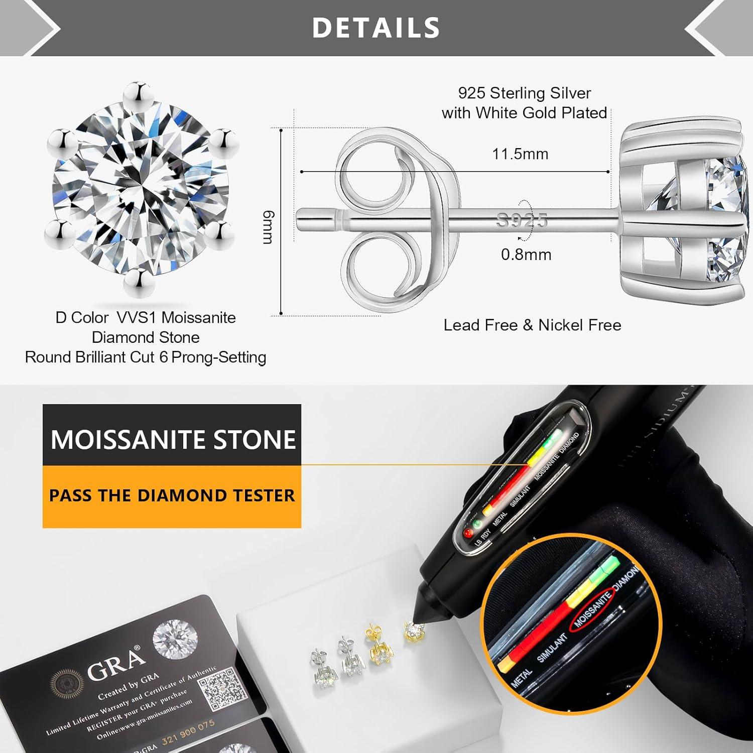 Moissanit Diamant Ohrstecker Silber 925 Damen 1,6 ct VVS1 Weißgold 6-Krappen