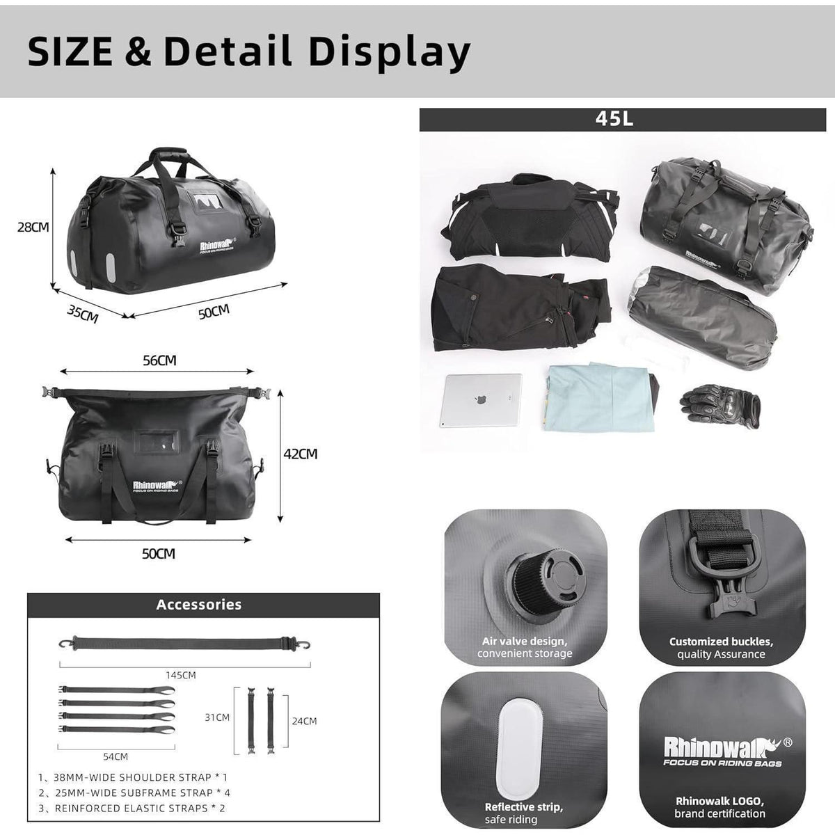 Motorrad Gepäcktasche Wasserdicht 45L mit Schnellverschluss