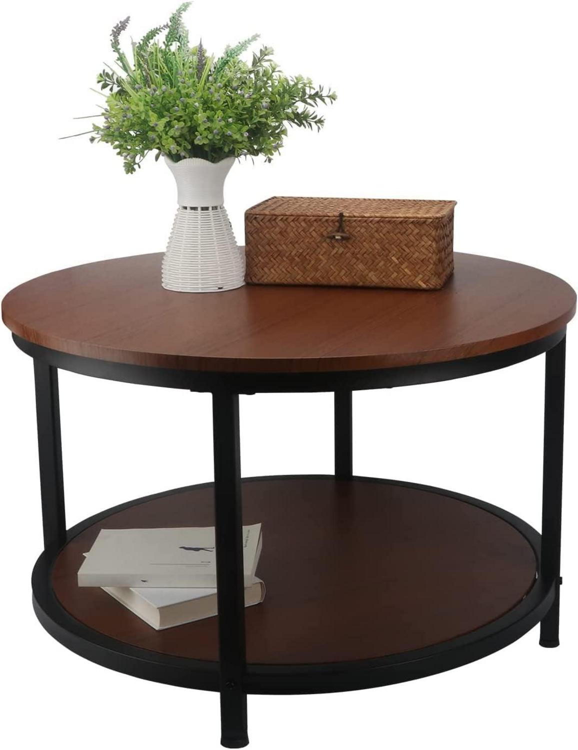 Runder Couchtisch Vintage-Industriedesign 2-stöckig Metallrahmen Braun