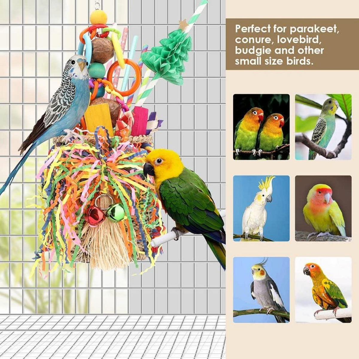 Vogelspielzeug Seegras Futterkorb buntes Knisterpapier Holzblöcke