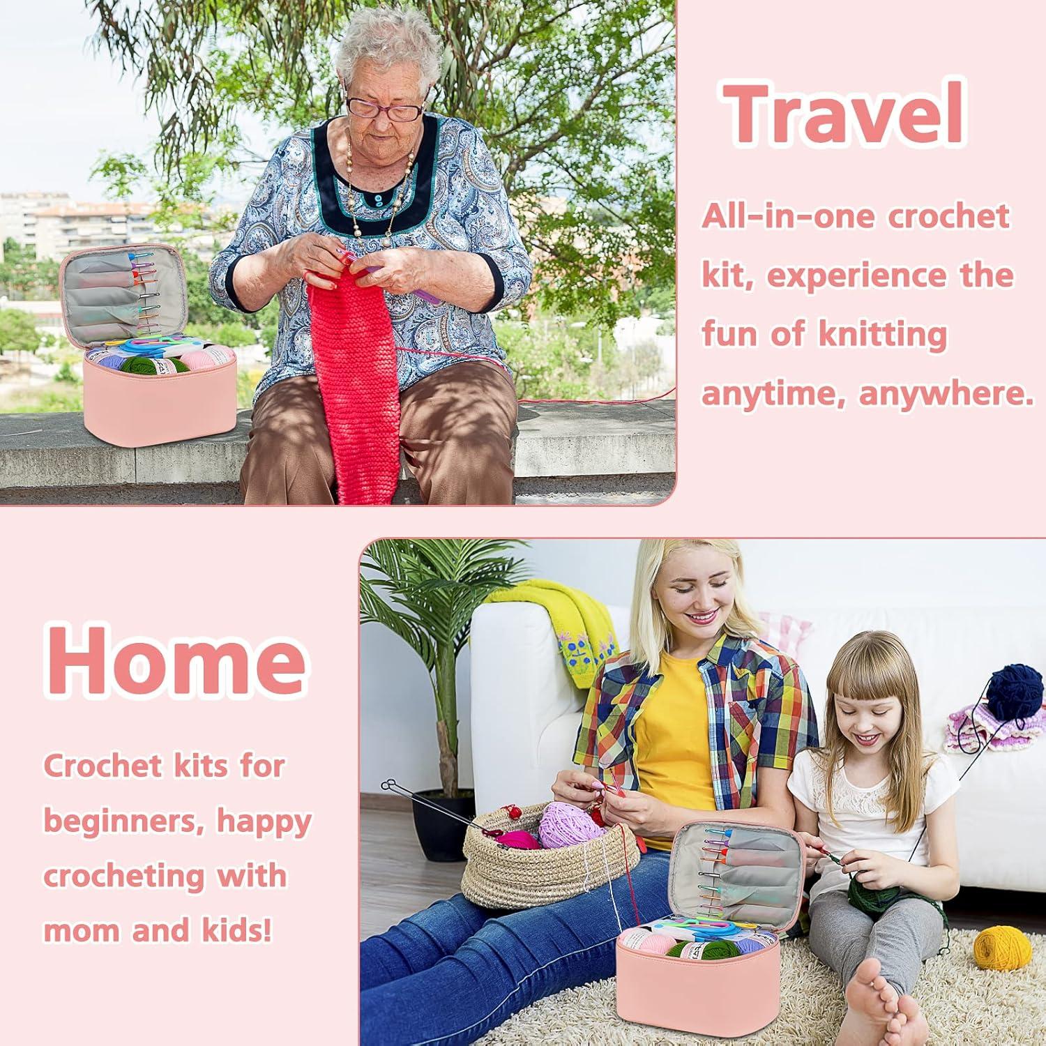 Rosa Häkelset für Anfänger mit ergonomischen Nadeln, Zubehör und Wolle