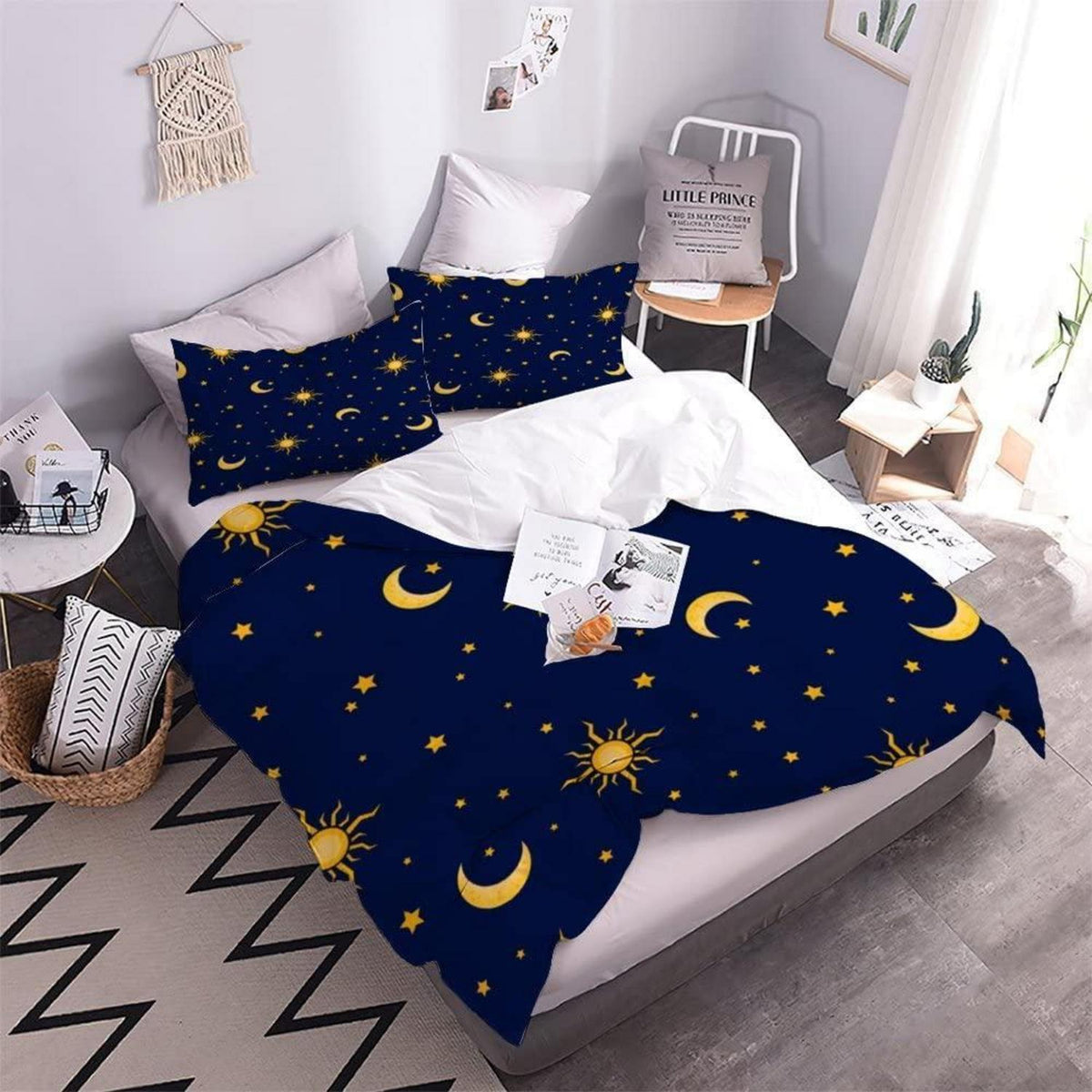 Kinder Bettwäsche 135x200 Sterne Mond Sonne Mikrofaser 3-teilig