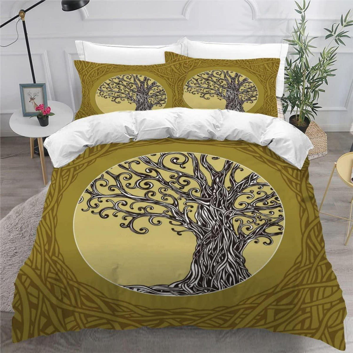 Bettwäsche-Set 220x240 Baum des Lebens 3D Druck Mikrofaser Grau Grün