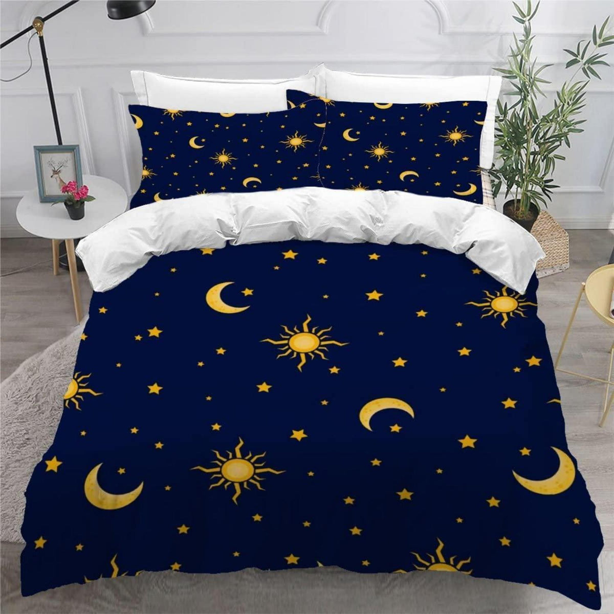 3D Sonnen Mond Sterne Bettwäsche-Set 220x240 cm Blau Gold
