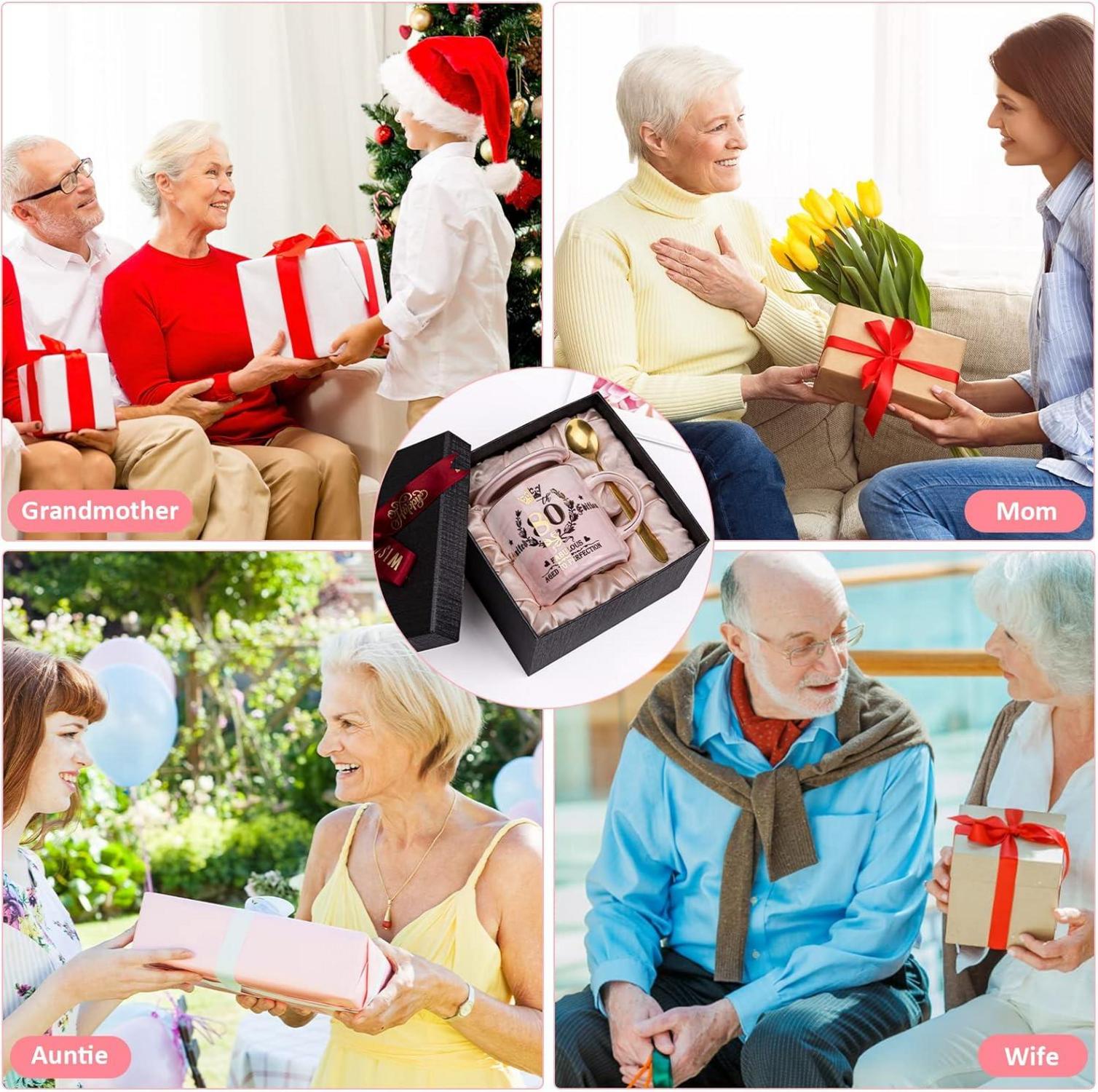 80. Geburtstag Kaffeetasse Goldmuster Geschenkbox Rosa