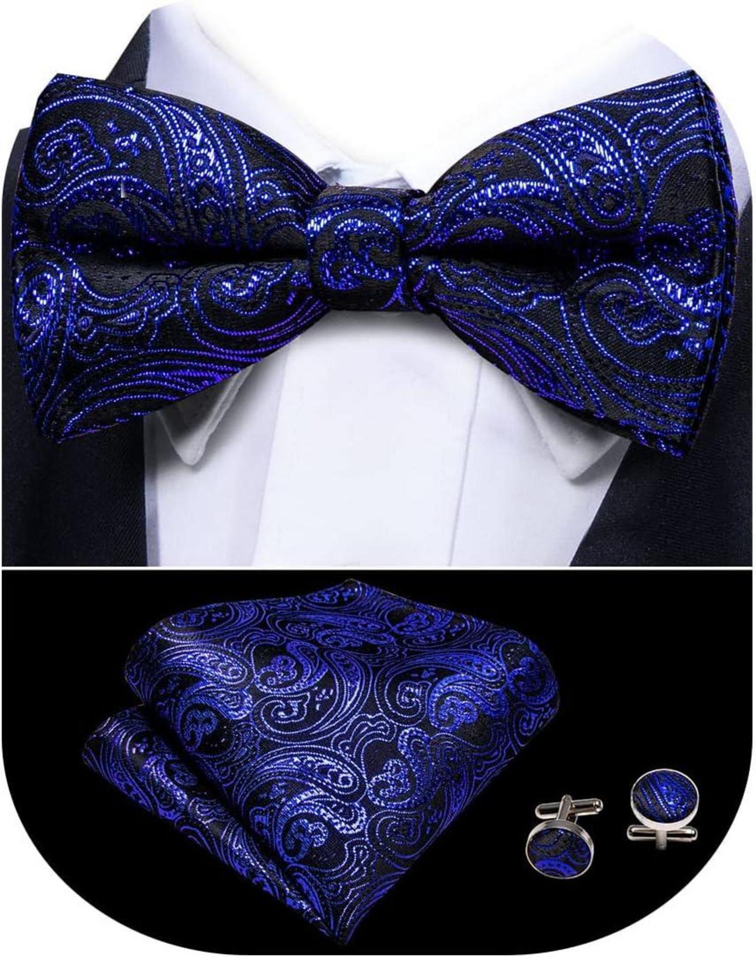 Paisley Satin Fliege Einstecktuch Manschettenknöpfe Set Vorgebunden