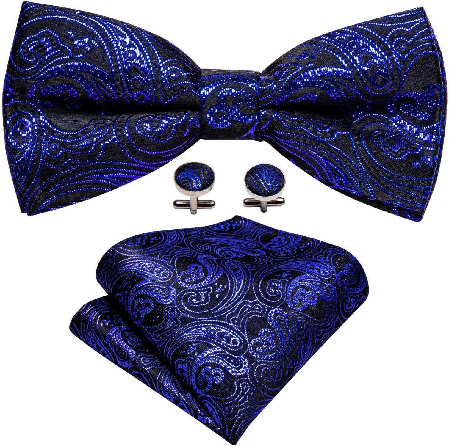 Blau Paisley Satin Fliegen Set mit Einstecktuch und