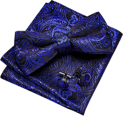 Paisley Satin Fliege Einstecktuch Manschettenknöpfe Set Vorgebunden