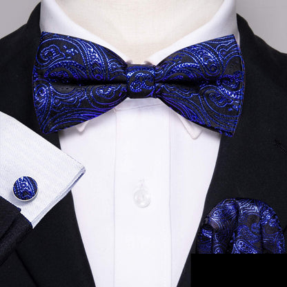 Herren Set Paisley Satin Fliege Einstecktuch Manschettenknöpfe