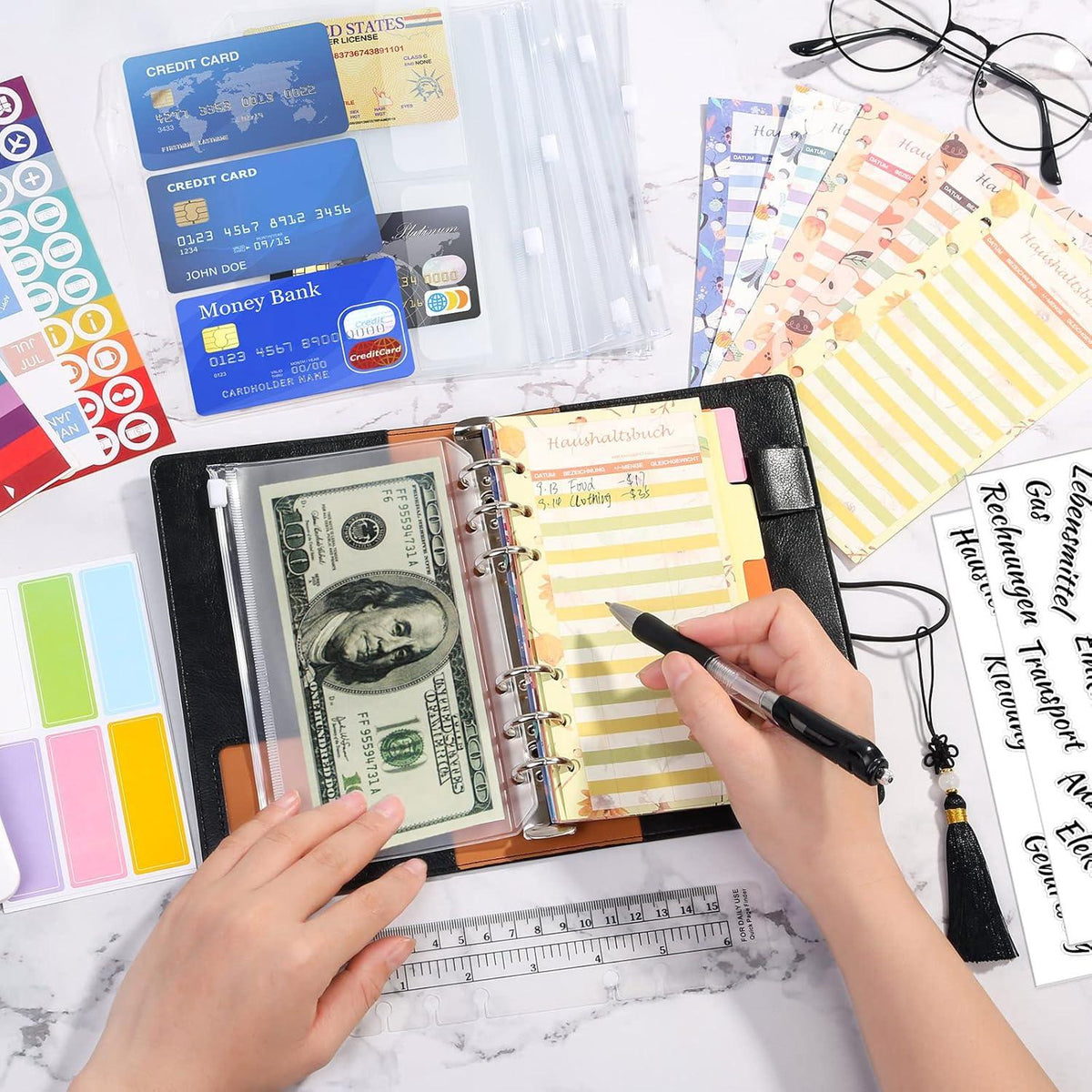 A6 Budget Planner PU Leder Binder mit Budgetaufkleber und Taschen