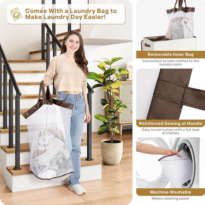 Großer Wäschekorb mit 2 Fächern und Deckel, 145L Beige