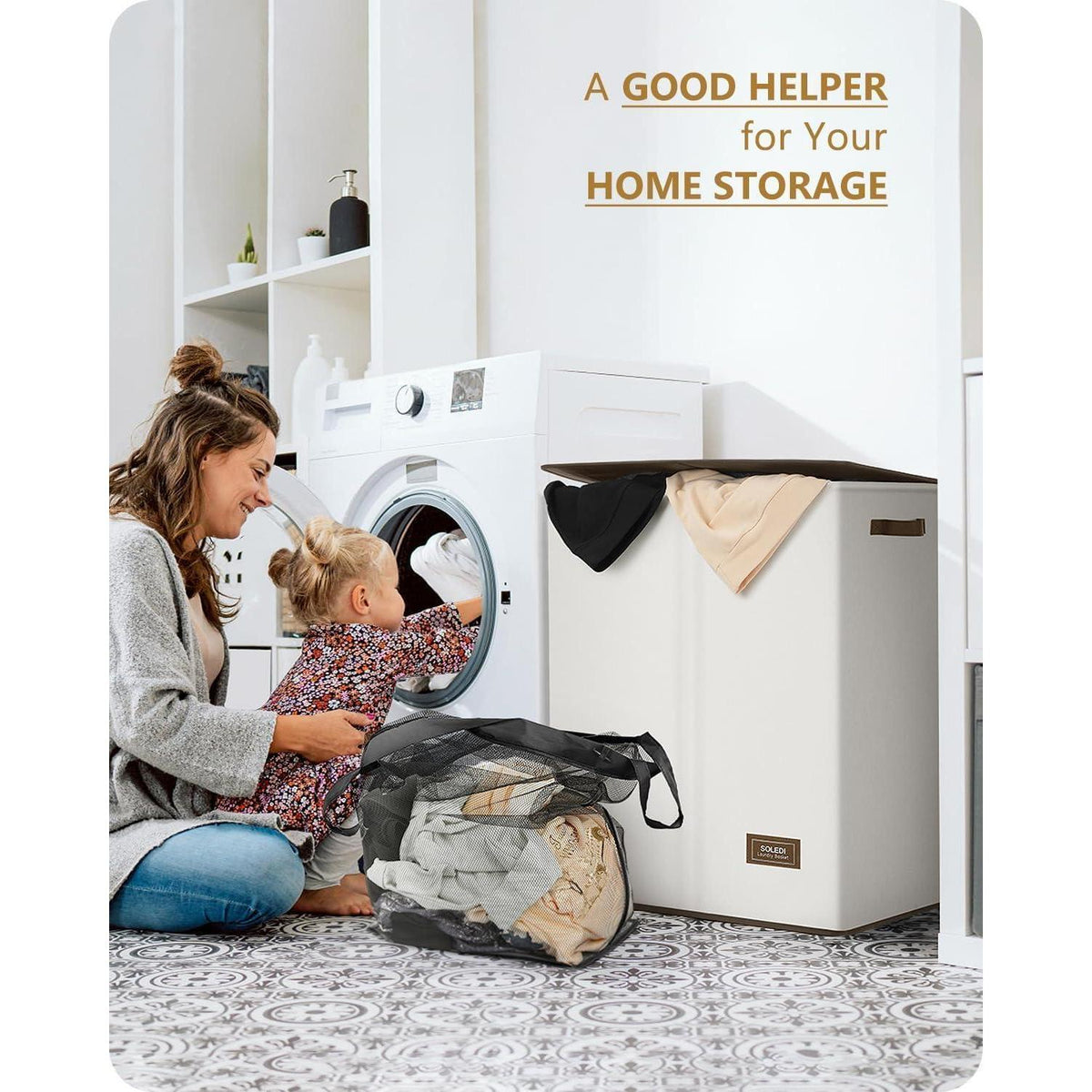 Großer Wäschekorb mit 2 Fächern und Deckel, 145L Beige