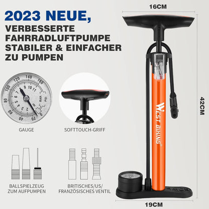 Fahrradpumpe mit Manometer für alle Ventile 11 Bar 160 Psi
