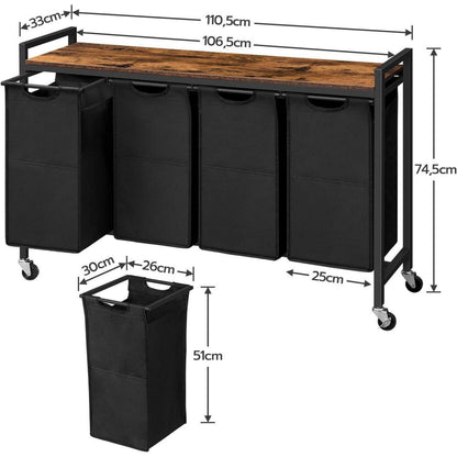 Stabiler Wäschekorb mit Rollen und Ablagefach, 4 x 39,8