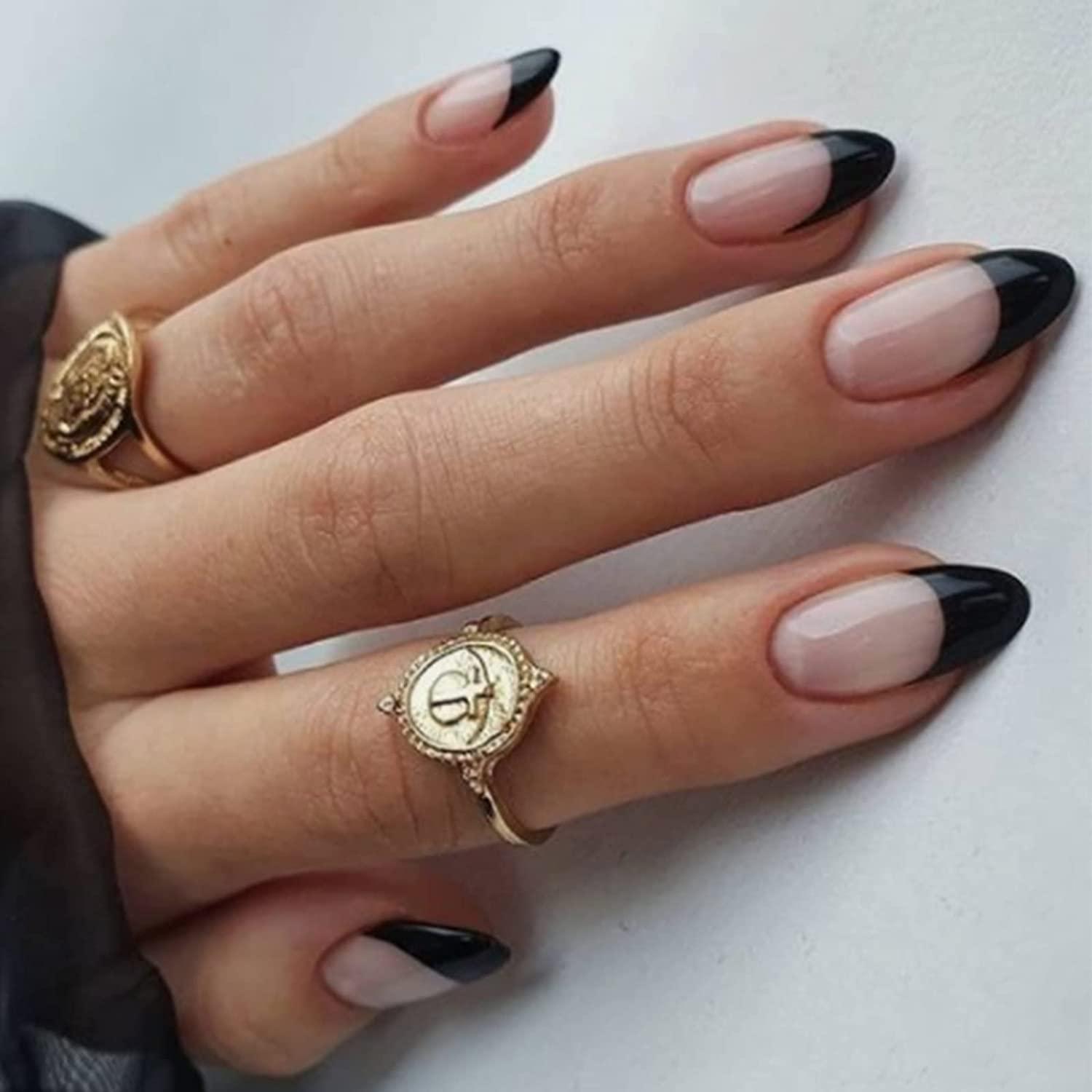24 Stück Schwarze Künstliche Kurze Mandel Nägel Glossy Nude Oval Press