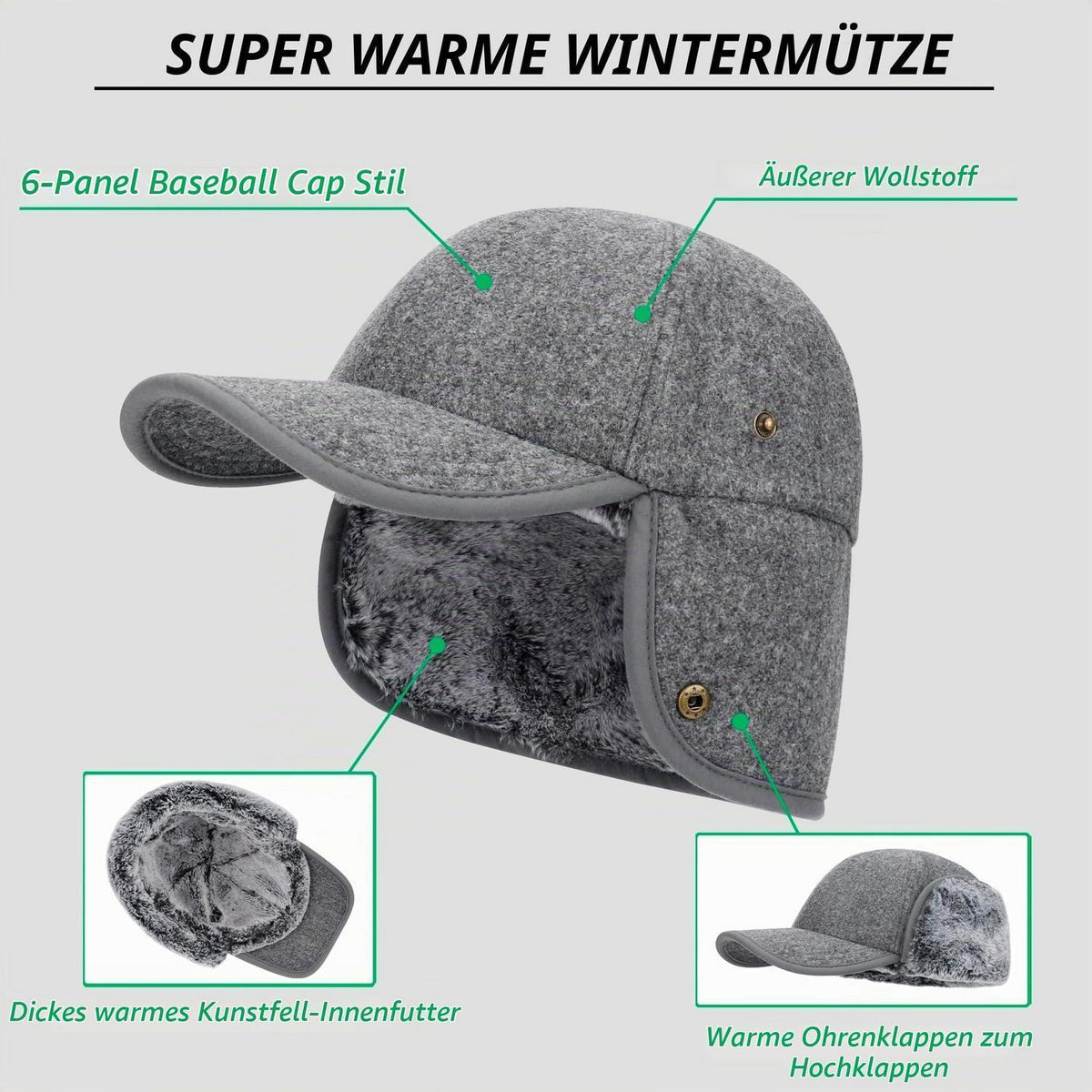 Winter Basecap mit Ohrenklappen Grau, warm gefüttert
