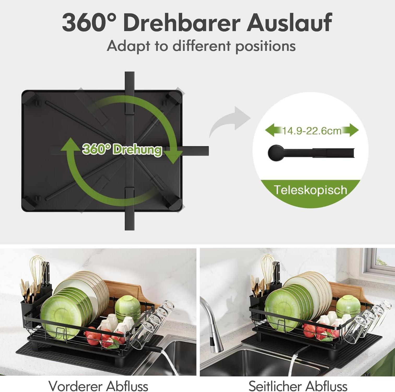 Boosiny Abtropfgestell Edelstahl Geschirr Organizer Schwarz Zweistufig