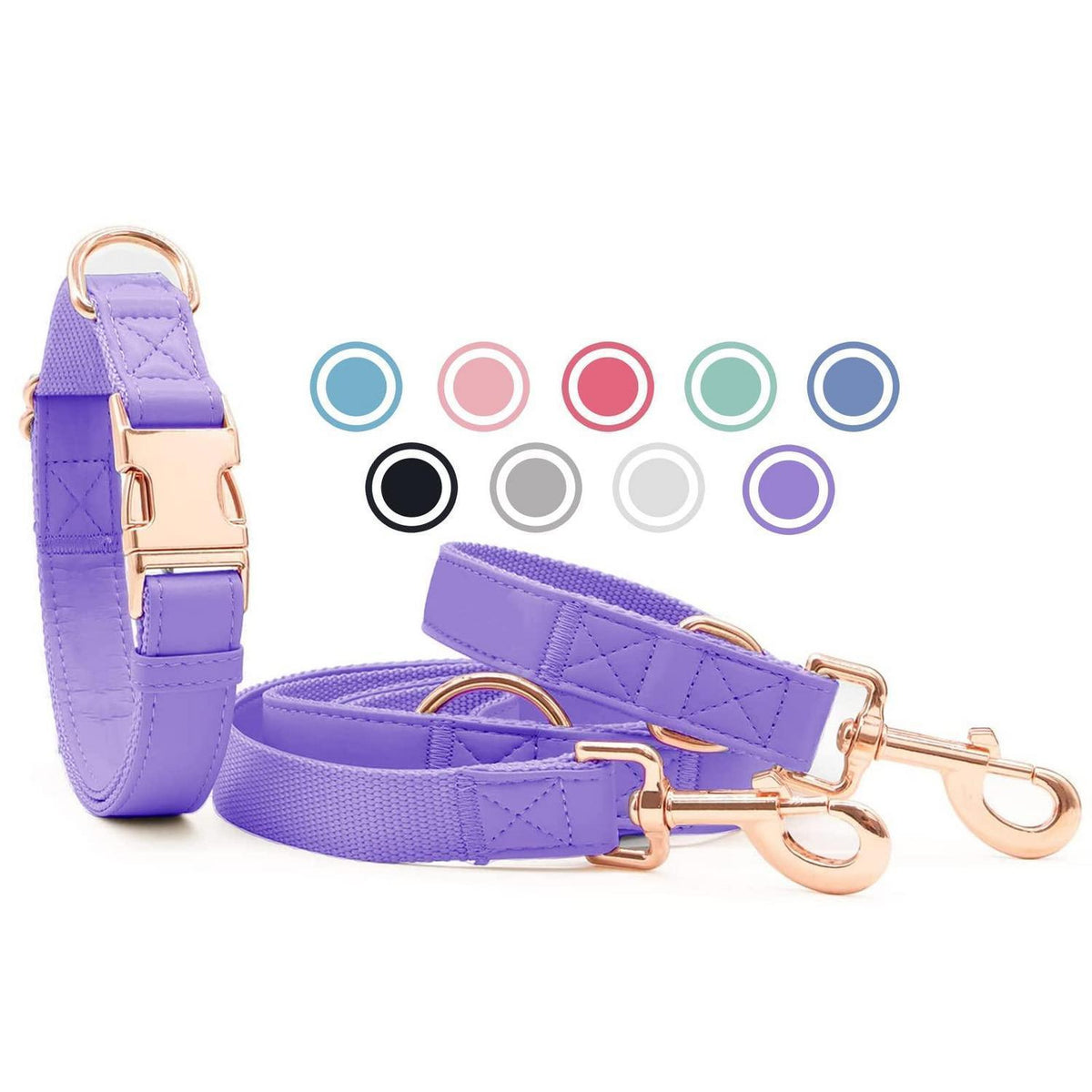 Hundehalsband & Leine Set – Rose Gold, Violett, L in Lederoptik