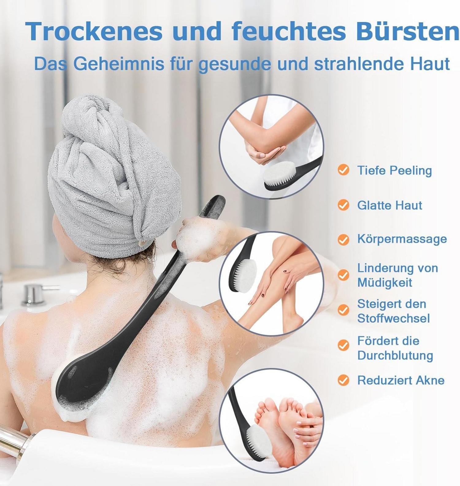 Rückenbürste Massagekörperbürste Schrubber Langstielig Peeling Durchblutung Schwarz