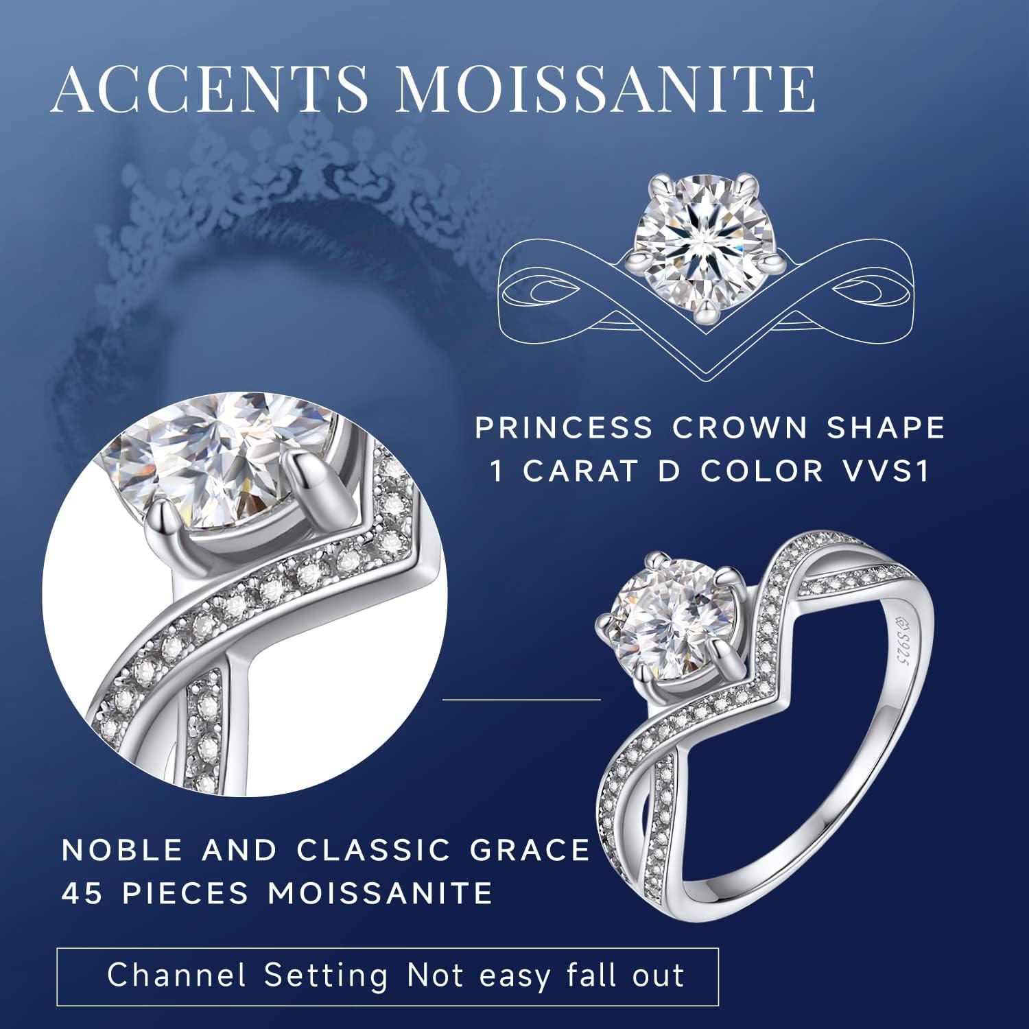 Moissanite Verlobungsring Damen | 1 Karat Silber 925 | Kronenform Hochzeit | Personalisiertes Geschenk | Valentinstag