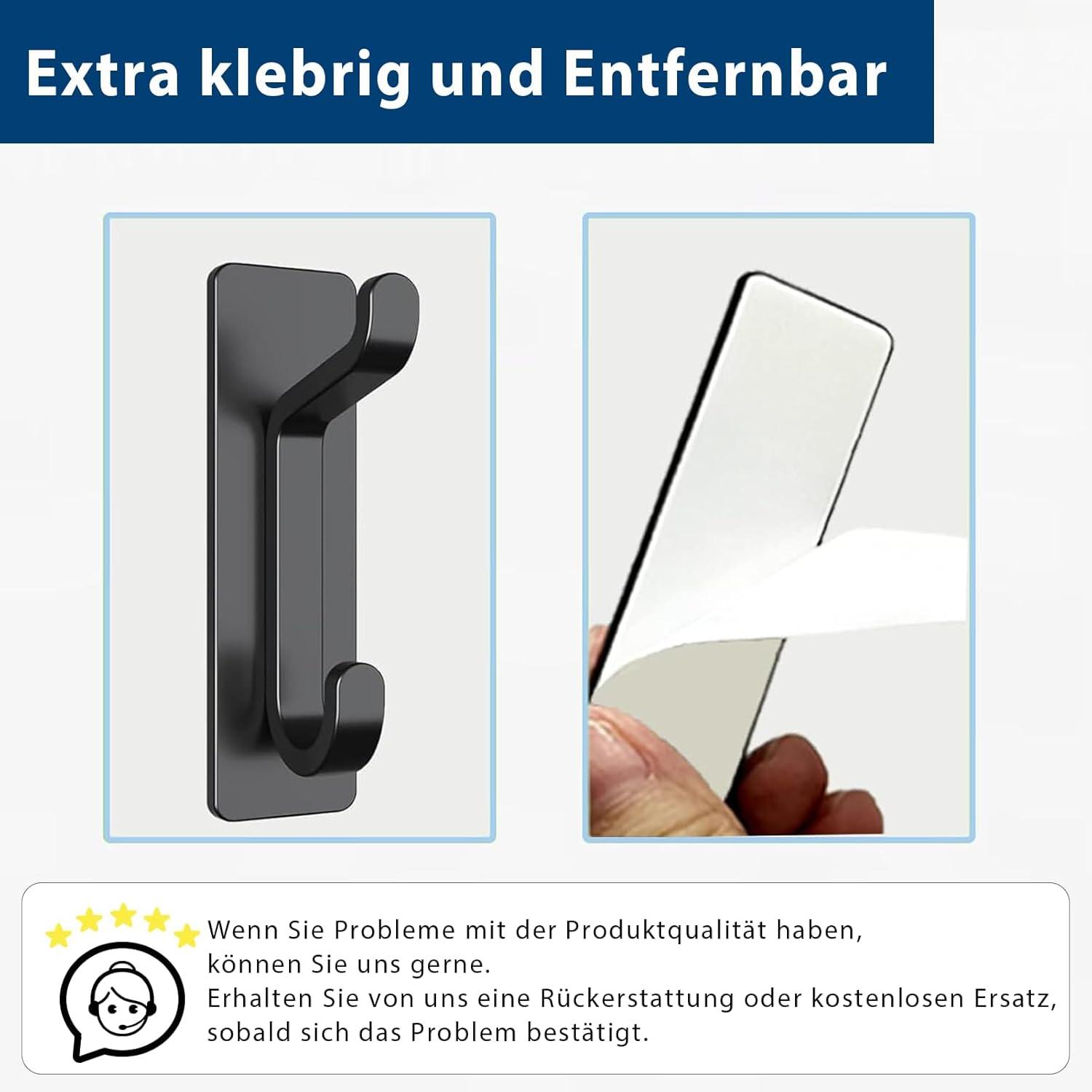 6kg Ultrastarker Selbstklebender Metall-Haken Schwarz Matt 4er Set