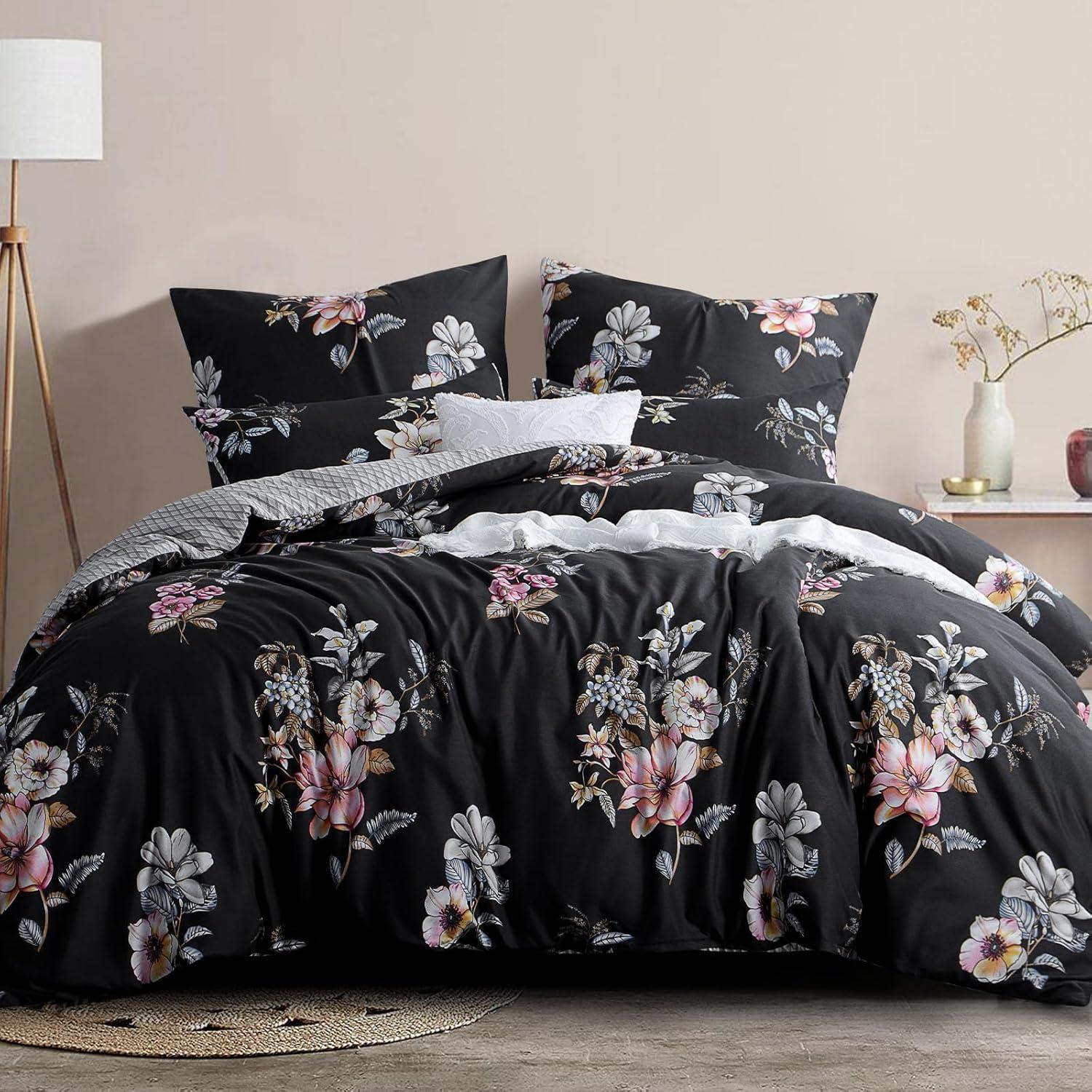 Bettwäsche-Set 200x200 Schwarz Blumenmuster Mikrofaser
