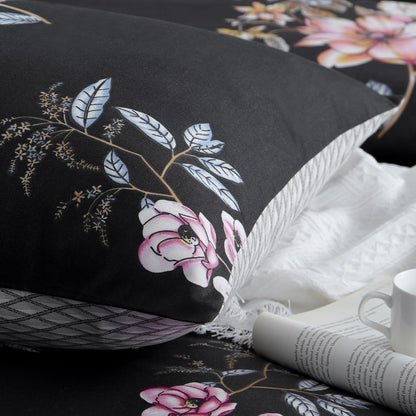 Bettwäsche Set 155x220 Blumen Schwarz Mikrofaser Reißverschluss