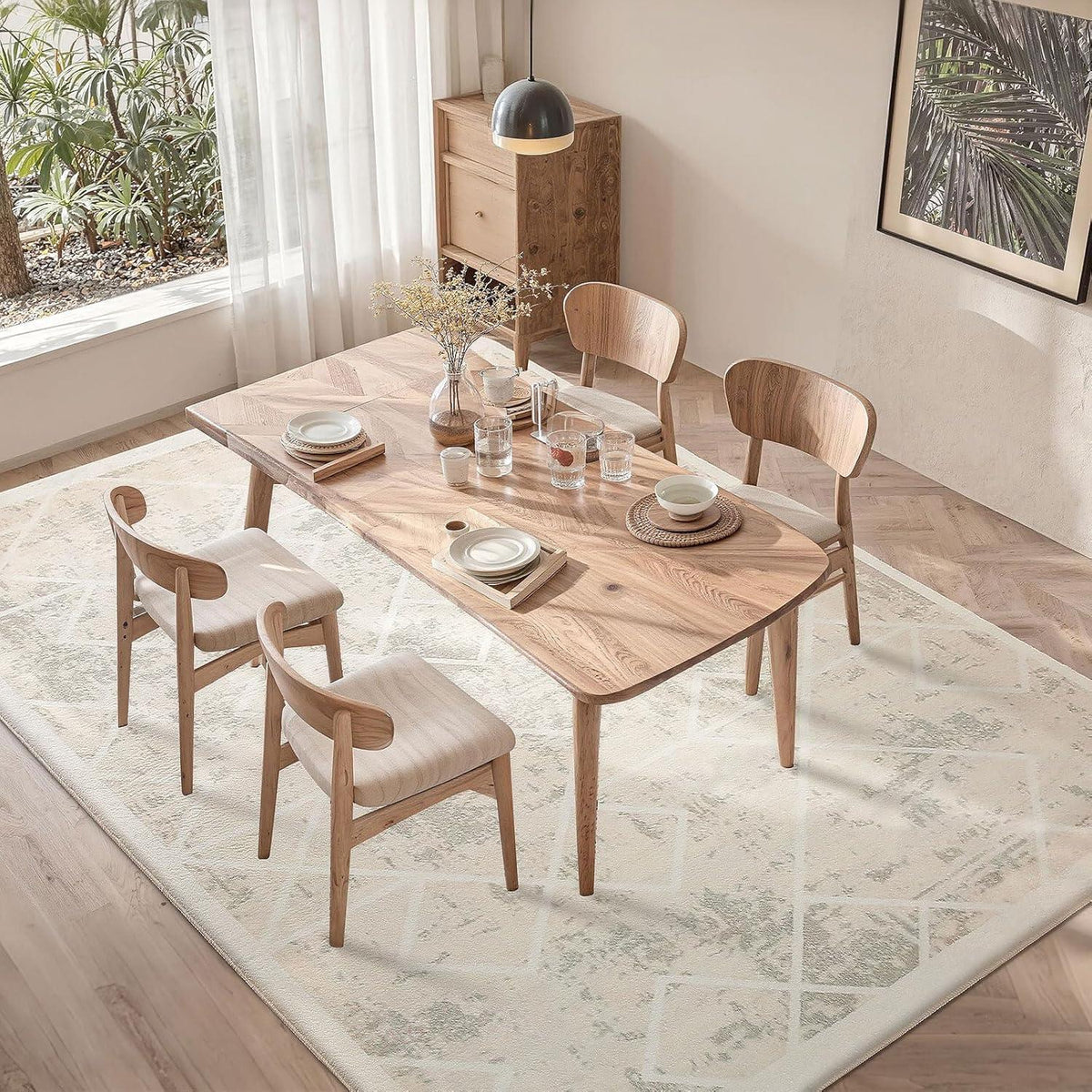 Kurzflor Teppich Elfenbein 200x250cm Modern Geometrisch Antirutsch