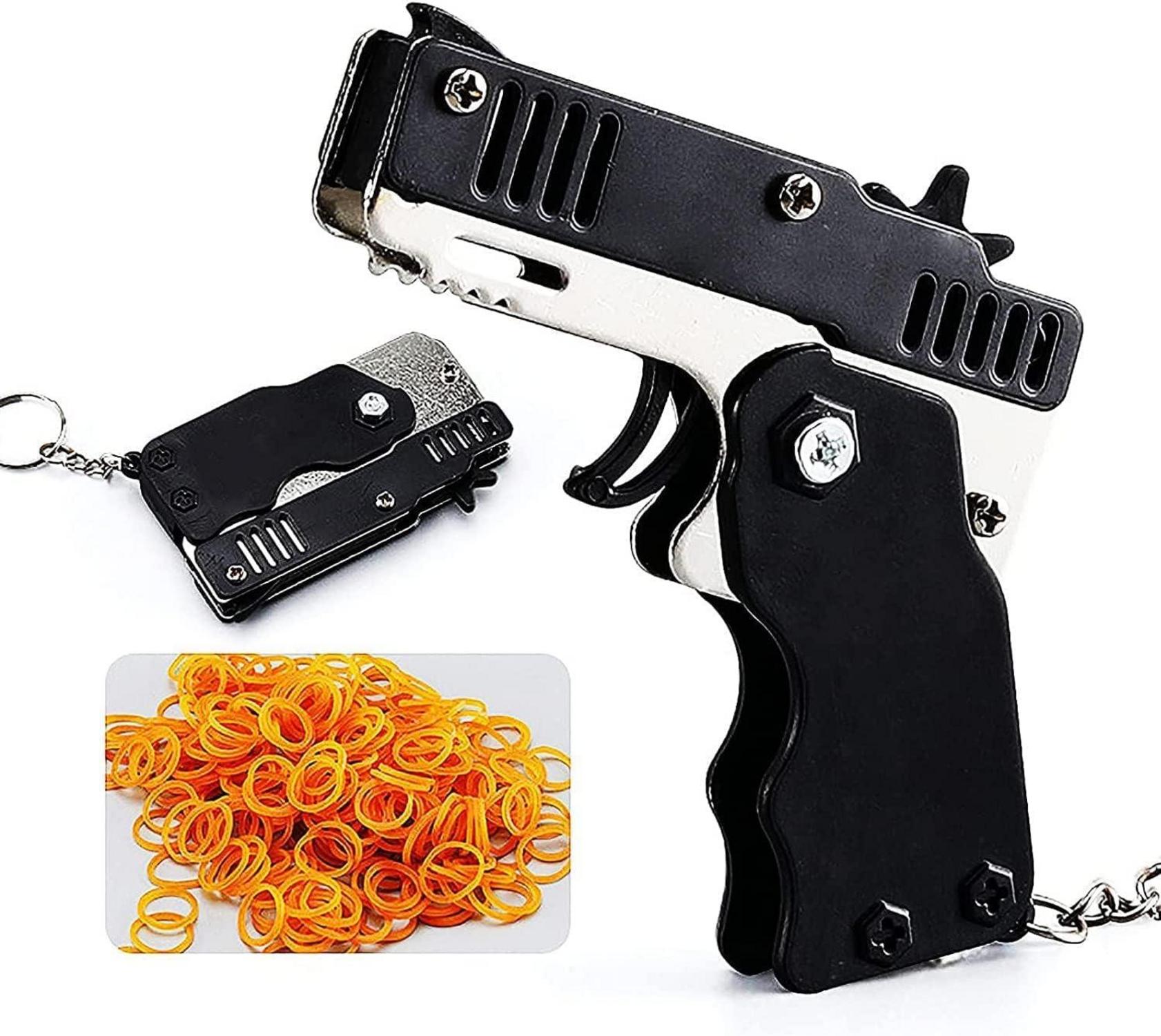 Mini-Gummibandpistole Metall klappbar 6-Schuss Schlüsselanhänger
