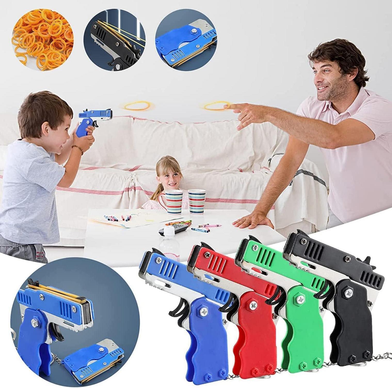 Mini Gummibandpistole Metall klappbar 6-Schuss Schlüsselanhänger