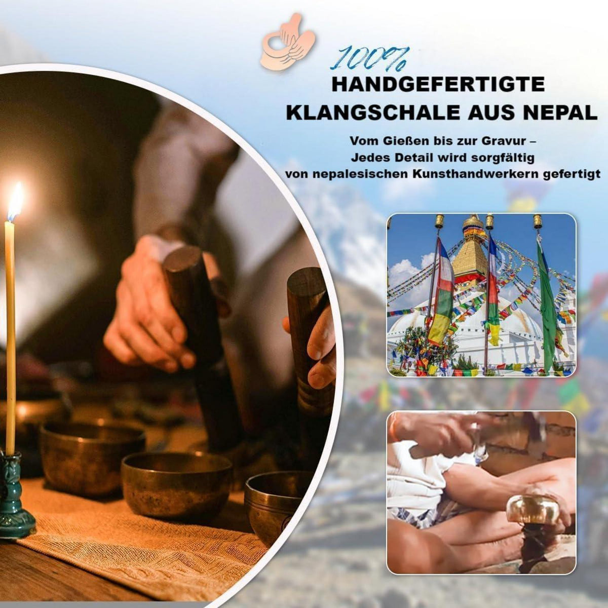 Tibetanische Klangschale 14 cm, handgehämmert, Meditationsset