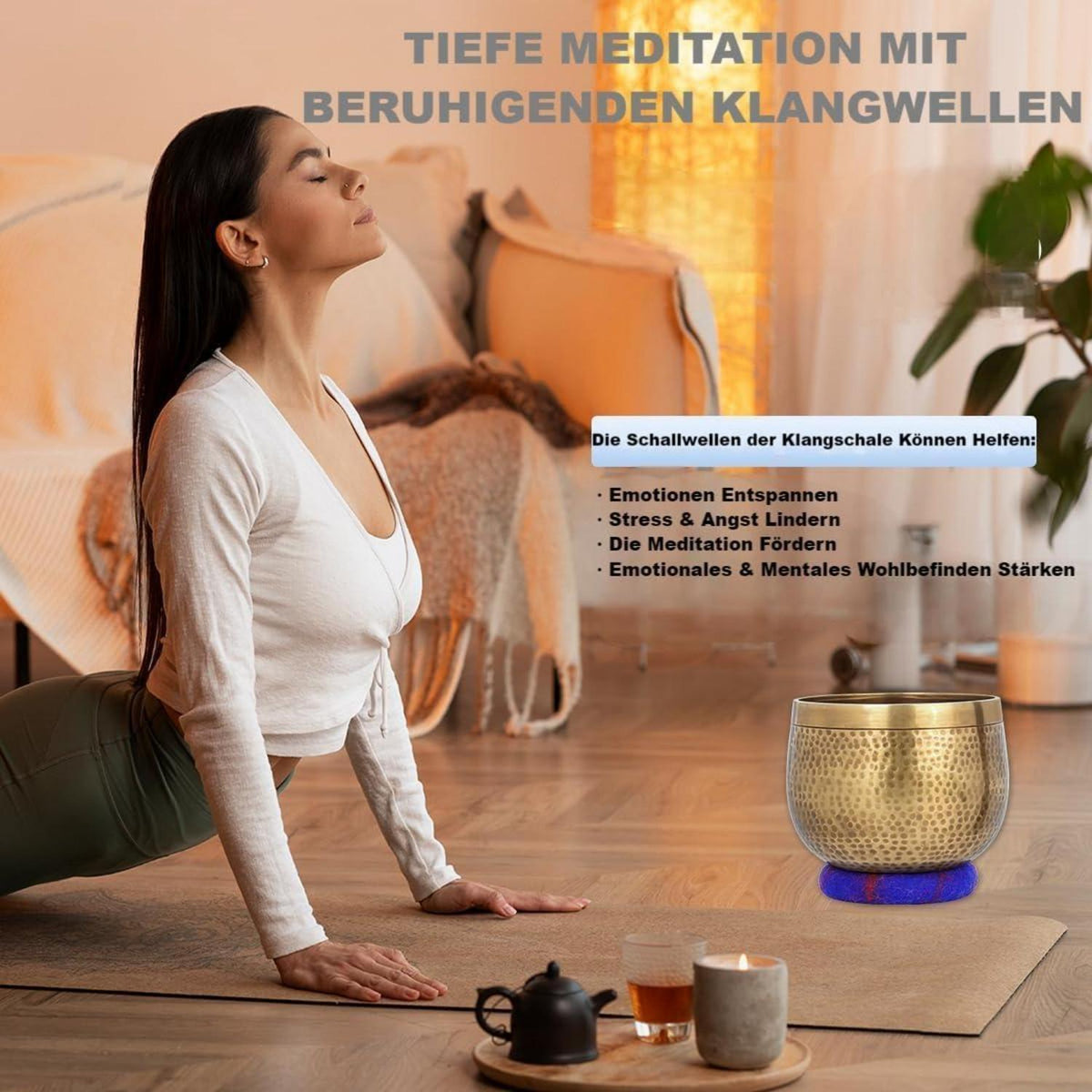 Tibetanische Klangschale 14 cm, handgehämmert, Meditationsset