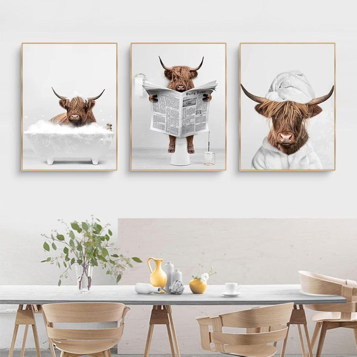 3-teiliges Hochland Kuh Leinwand Poster Set Badewanne Kunst