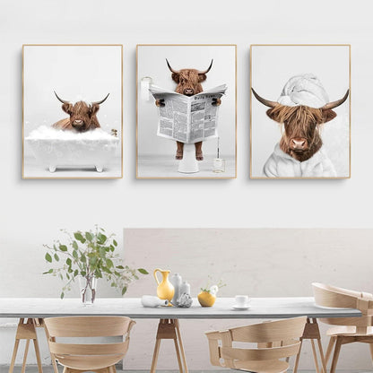 3-teiliges Hochland Kuh Leinwand Poster Set Badewanne Kunst