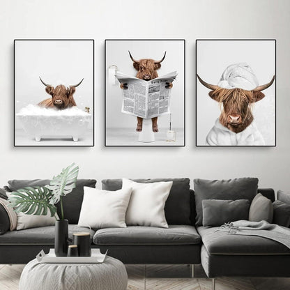 Trayosin 3-teiliges Premium Poster Set Hochland Kuh Badewanne Leinwand Malerei 40x50cm