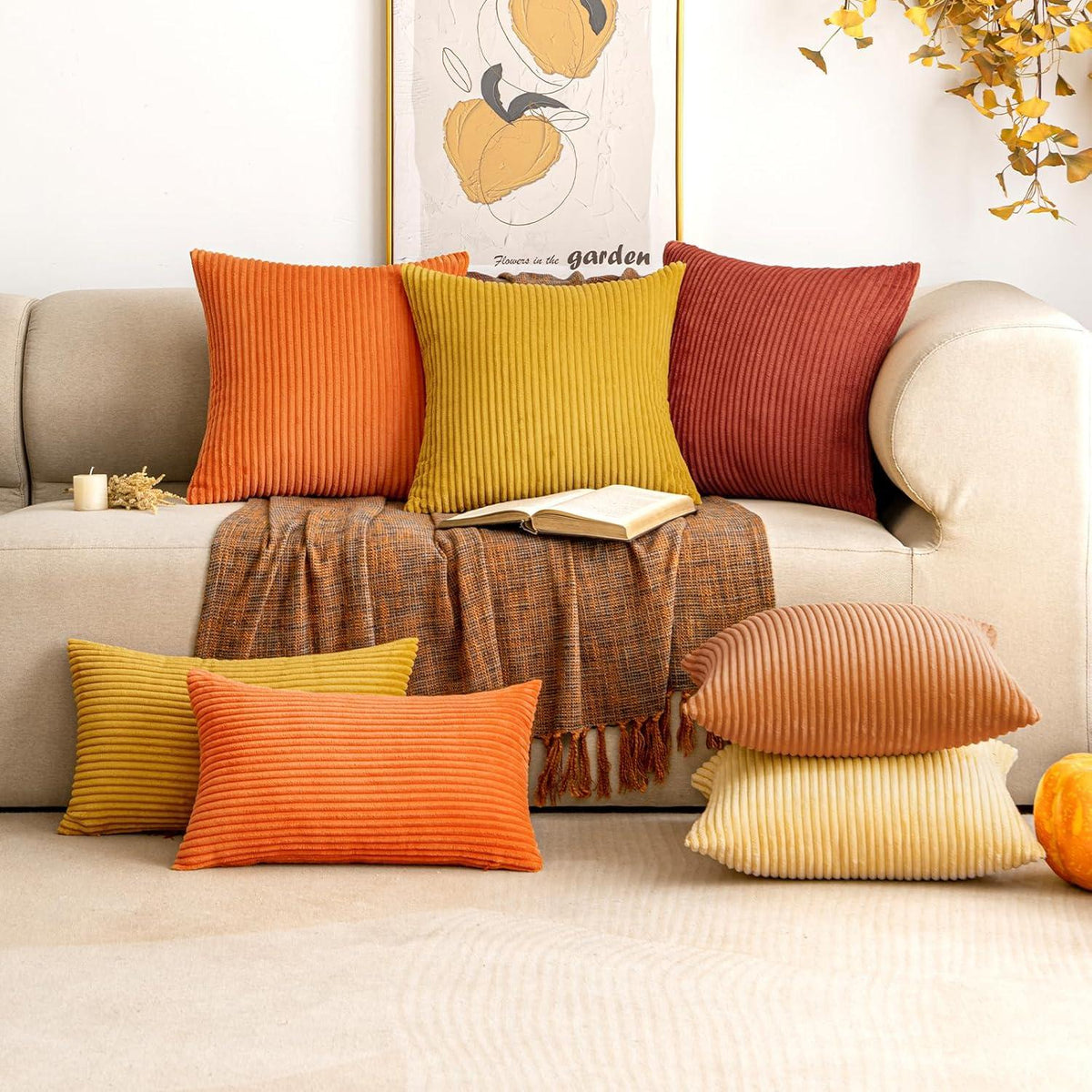 EMEMA Kissenbezug Herbst Kordsamt 40x40 cm Orange 2er Set