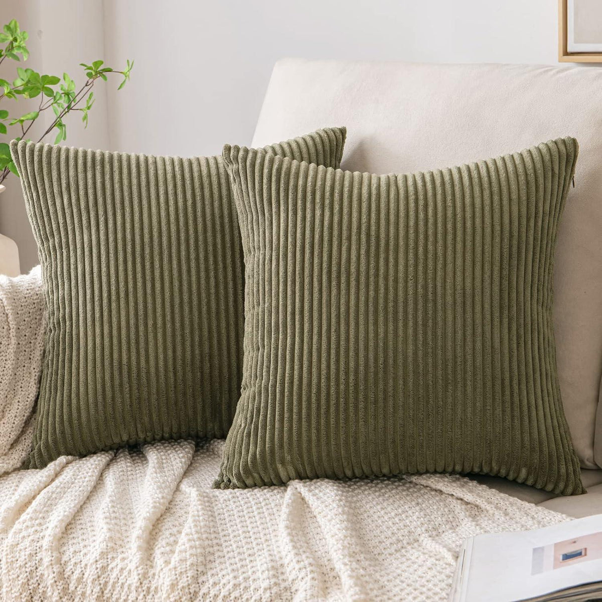 Kordsamt Kissenbezug Olivgrün Deko Sofa 40x40cm 2er Set