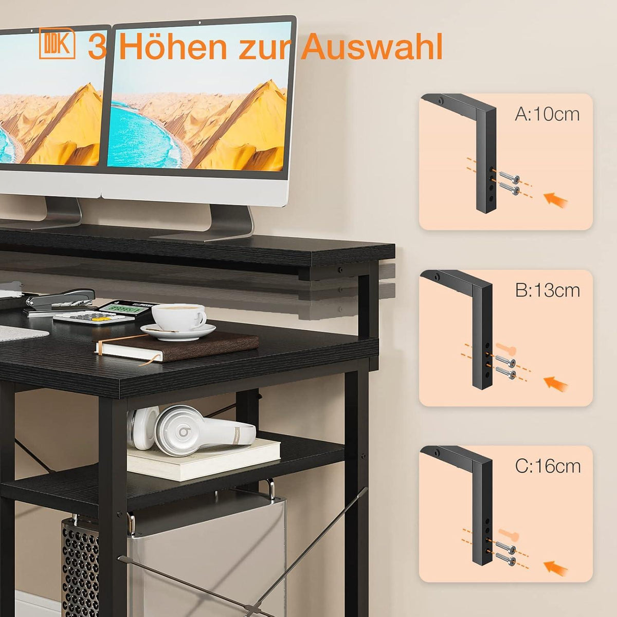 ODK Eckschreibtisch L-Form mit Regal Schwarz 140×137cm