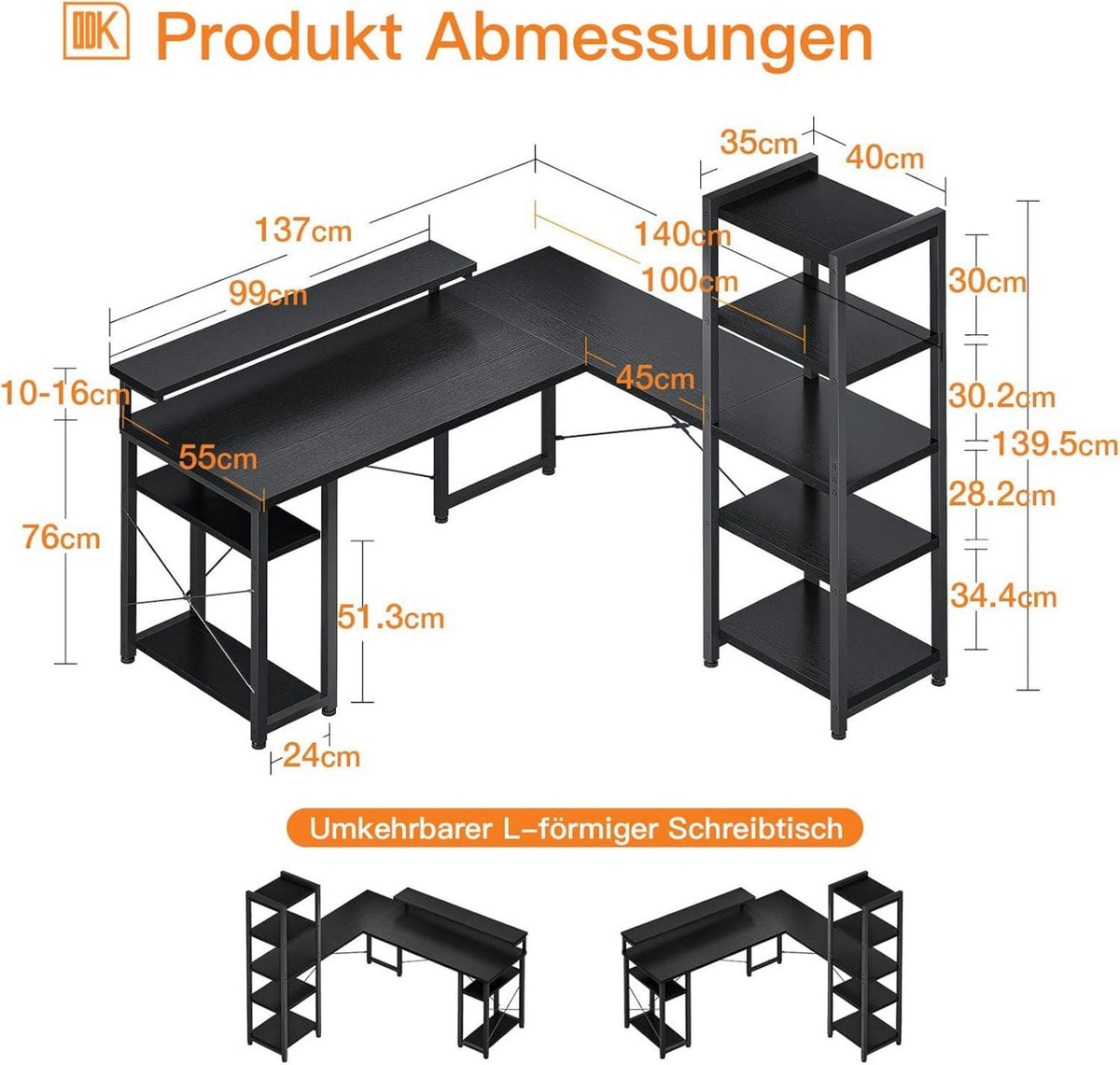 ODK Eckschreibtisch L-Form mit 5-stufigem Regal Schwarz 140x137cm