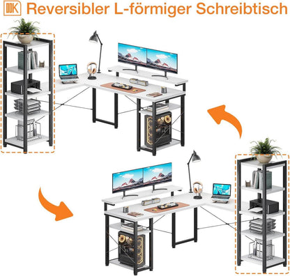 Eckschreibtisch mit Regal und Monitorständer, Weiß 140x137cm
