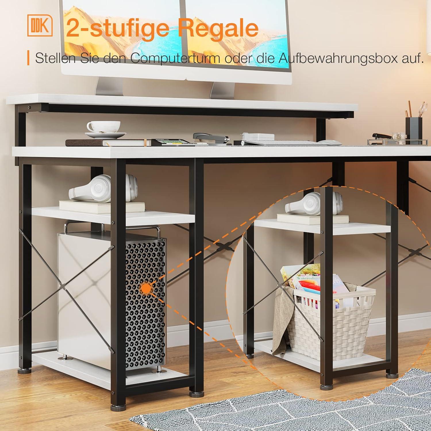 Eckschreibtisch L-Form mit Regal und Monitorständer Weiß 140×137cm