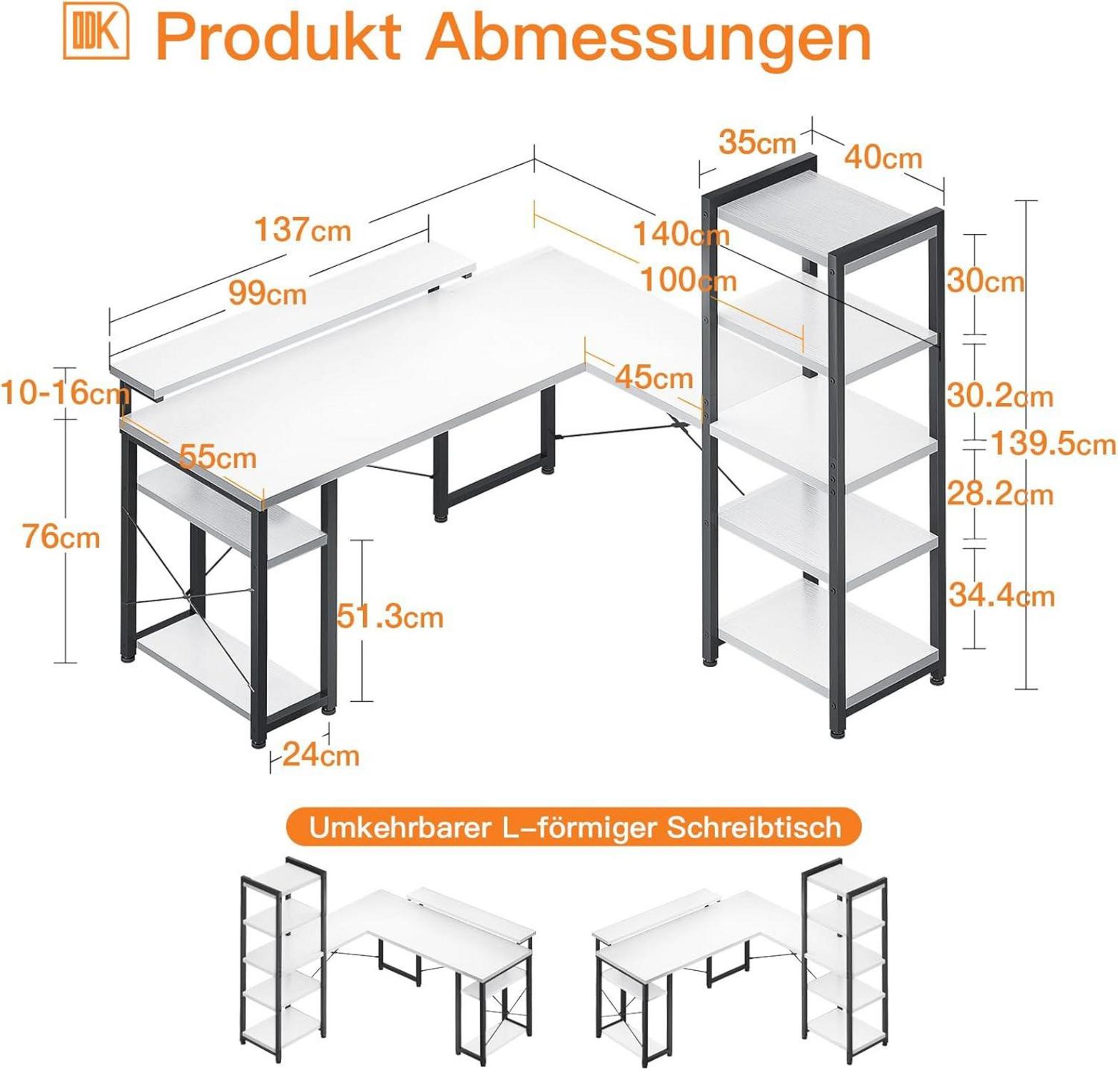 Eckschreibtisch L-Form mit Regal und Monitorständer Weiß 140×137cm