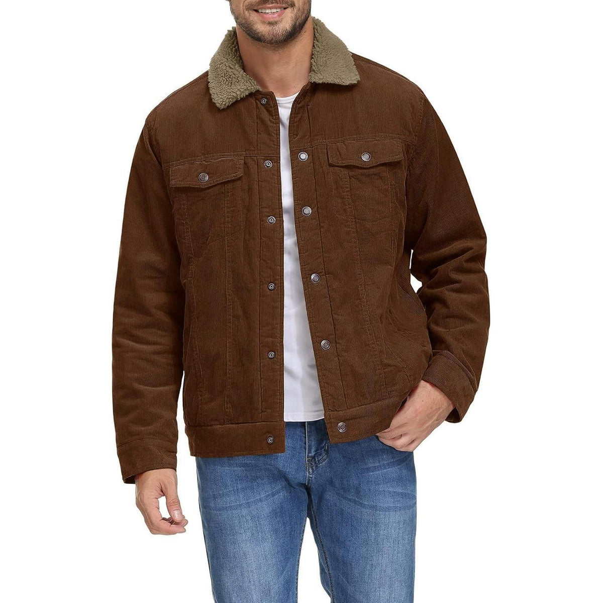 Herren Cordjacke mit Teddyfell-Kragen | Warme Übergangsjacke Braun XXL