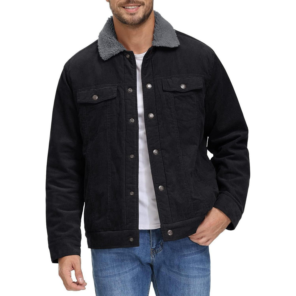 Herren Cordjacke gefüttert mit Teddyfell - Warme Übergangsjacke Schwarz XL