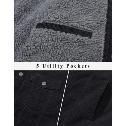 Herren Cordjacke gefüttert mit Teddyfell - Warme Übergangsjacke Schwarz XL