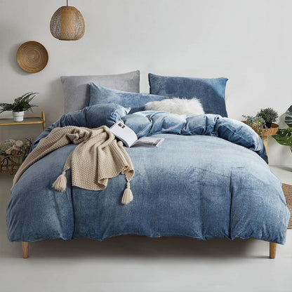 Damier Winter Plüsch Bettwäsche Set Blau 200x220cm