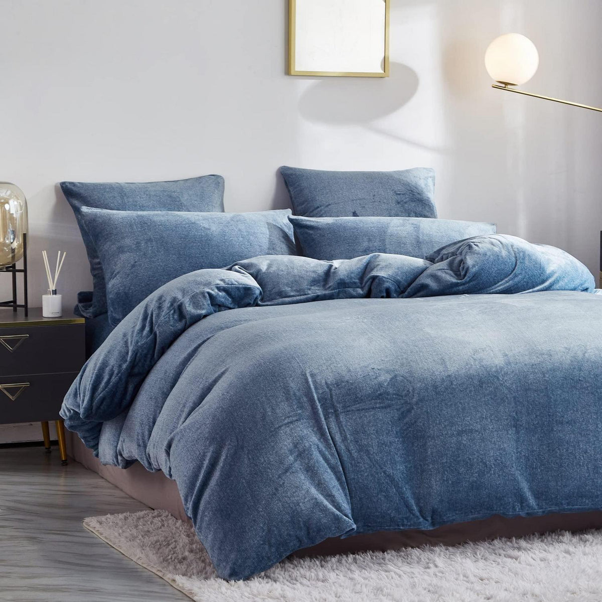 Damier Winter Plüsch Bettwäsche Set Blau 200x220cm