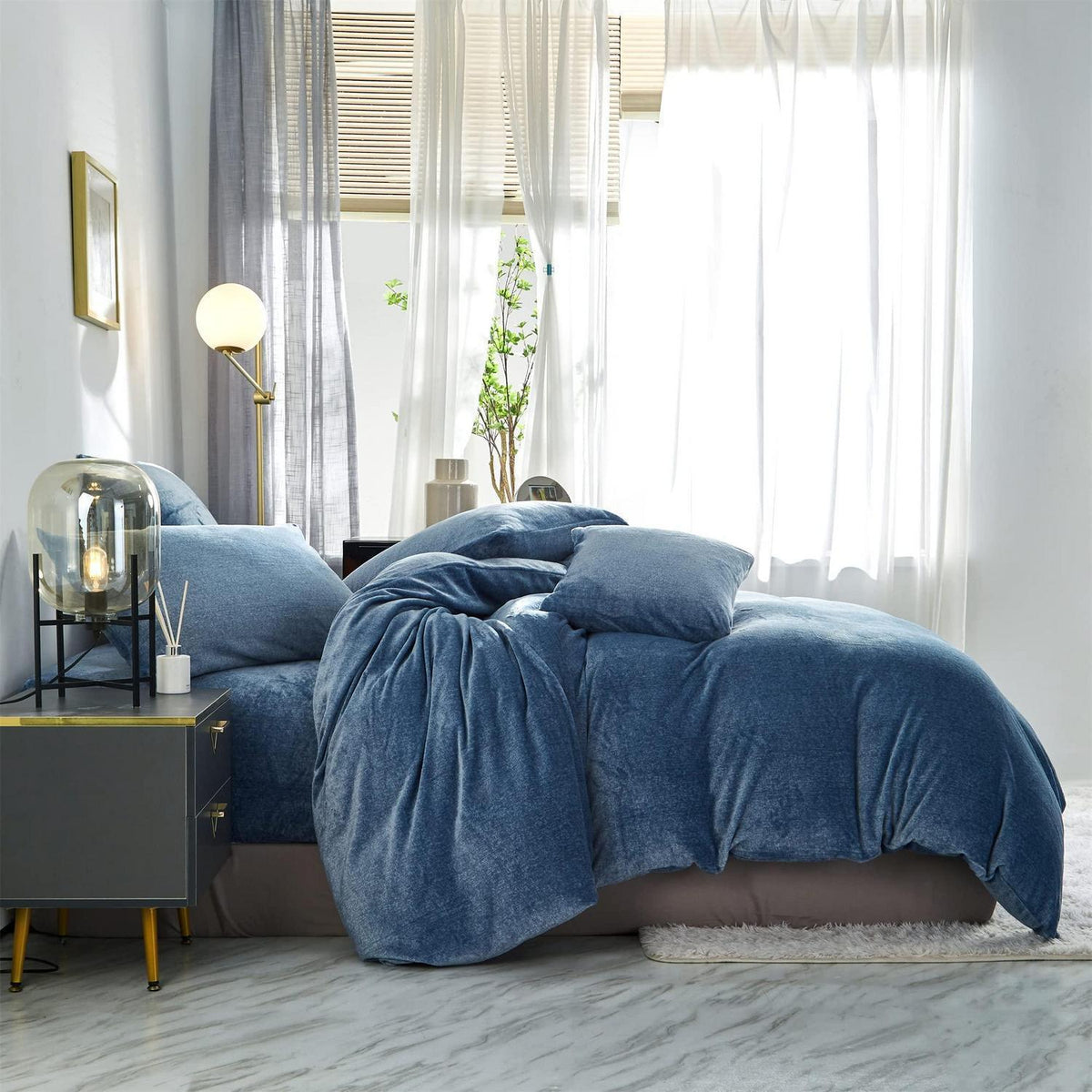 Damier Winter Plüsch Bettwäsche Set Blau 220x240cm