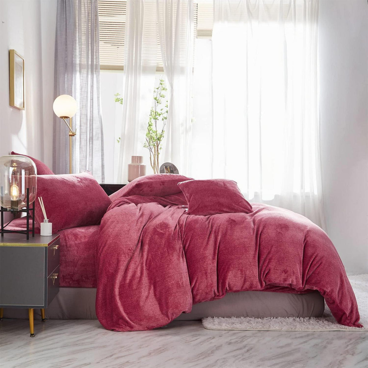 Warme Damier Winter Plüsch Bettwäsche Set Rot 200x200cm